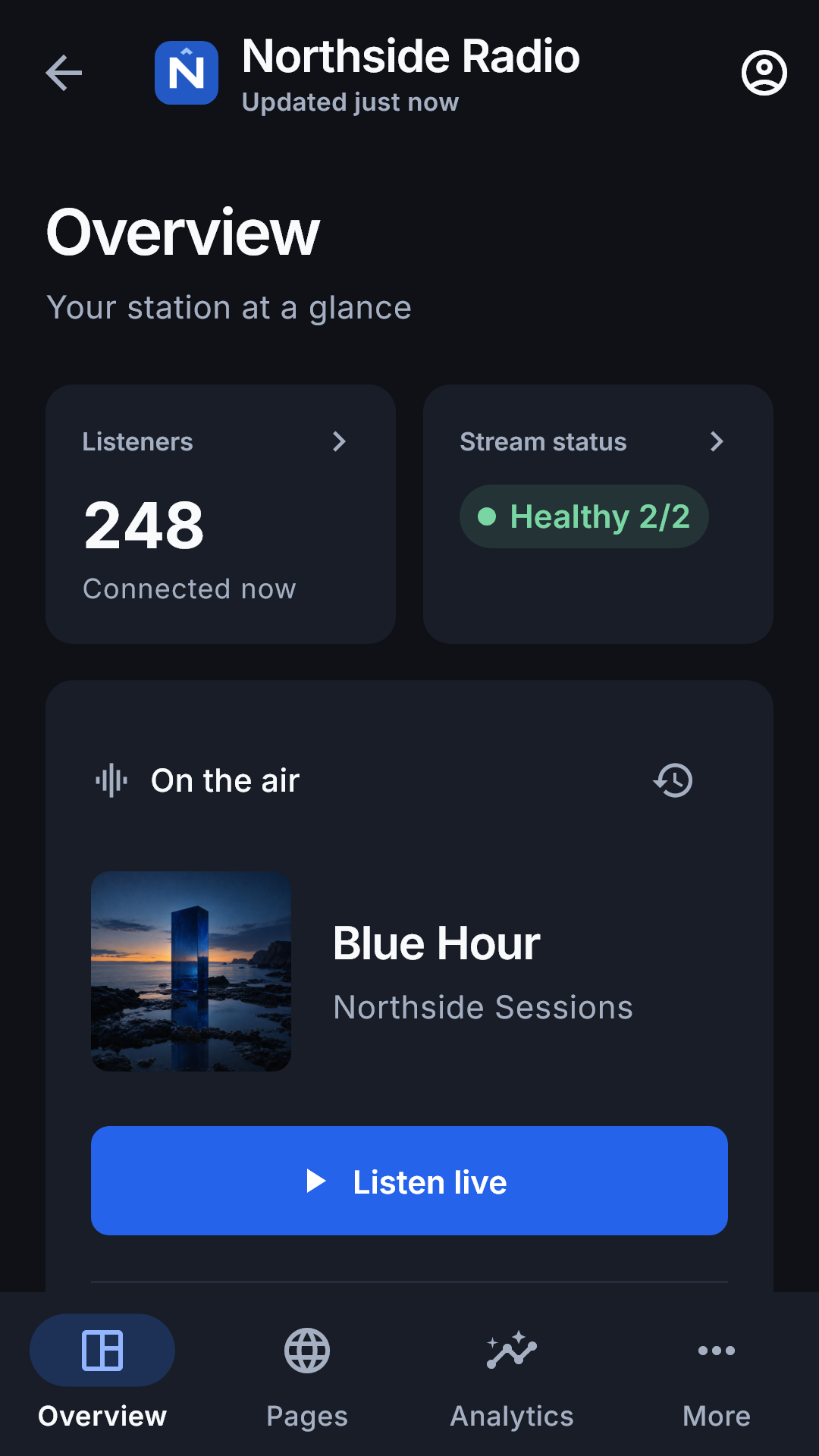 WRP Companion station overview with listeners, stream health and now-playing information.