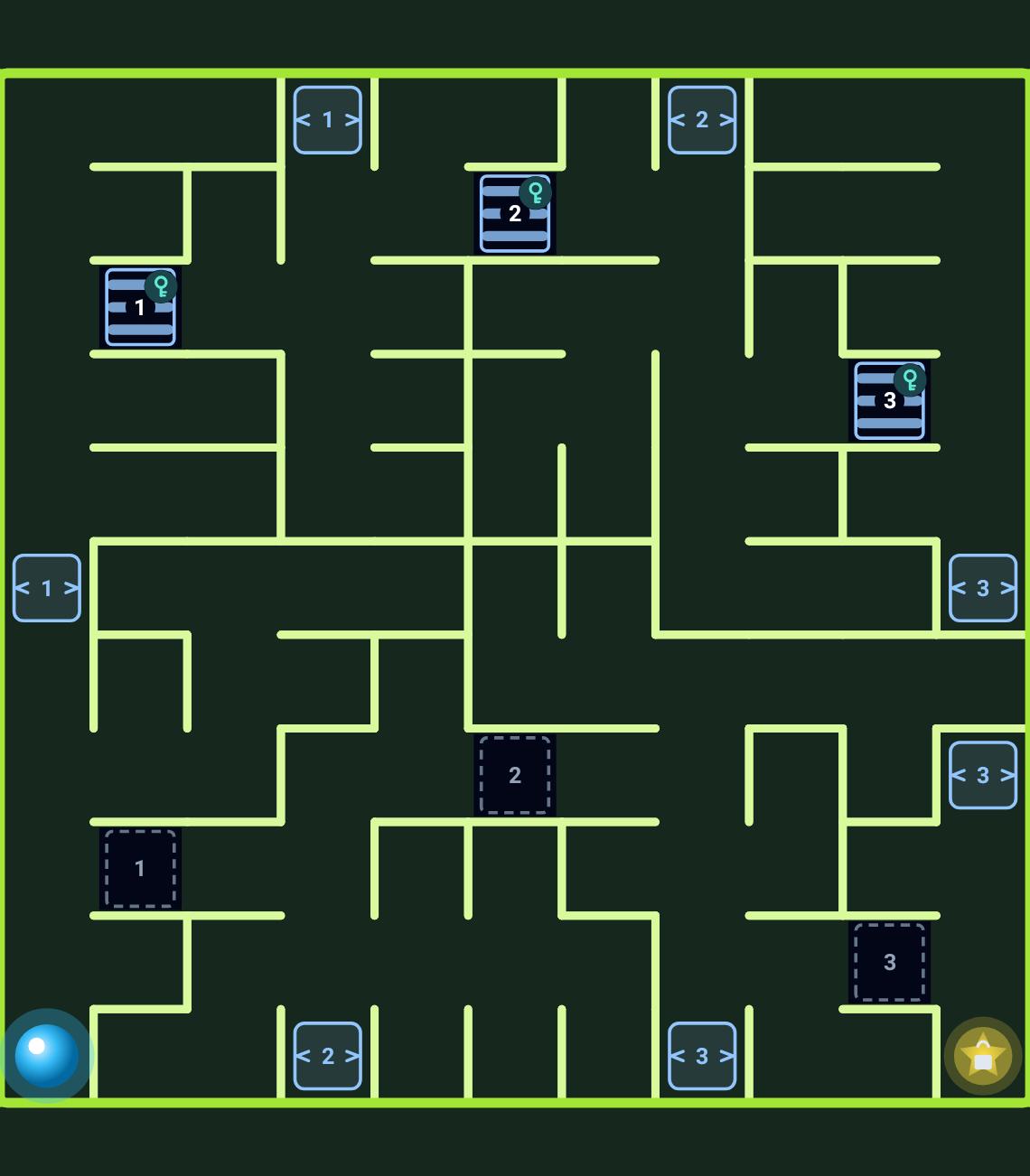 A branching green maze with numbered moving bridges, bridge controls and keys.
