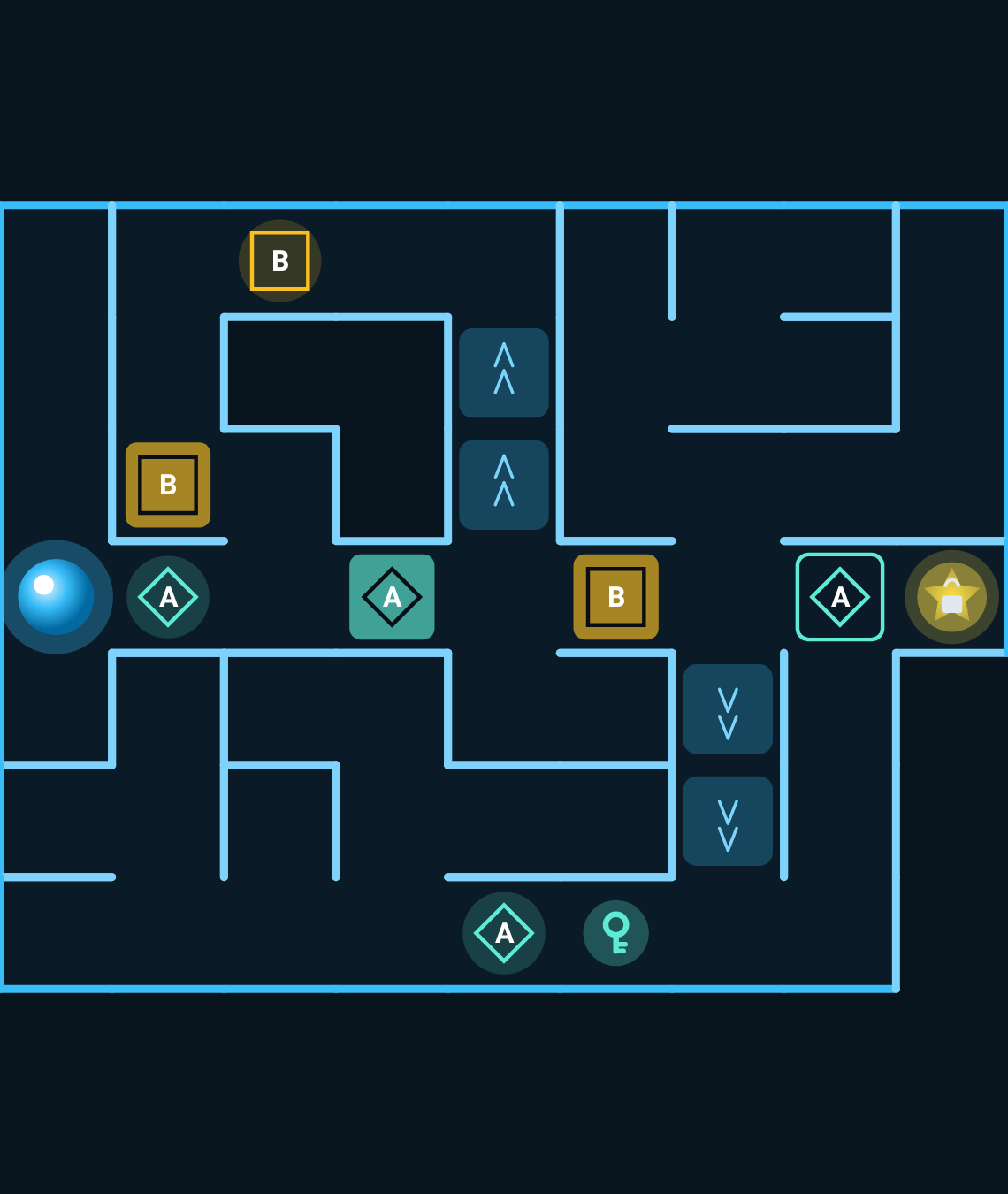 A maze from Maze Quest with blue branching corridors, a cyan orb, keys, circuit switches, conveyors and a star goal.
