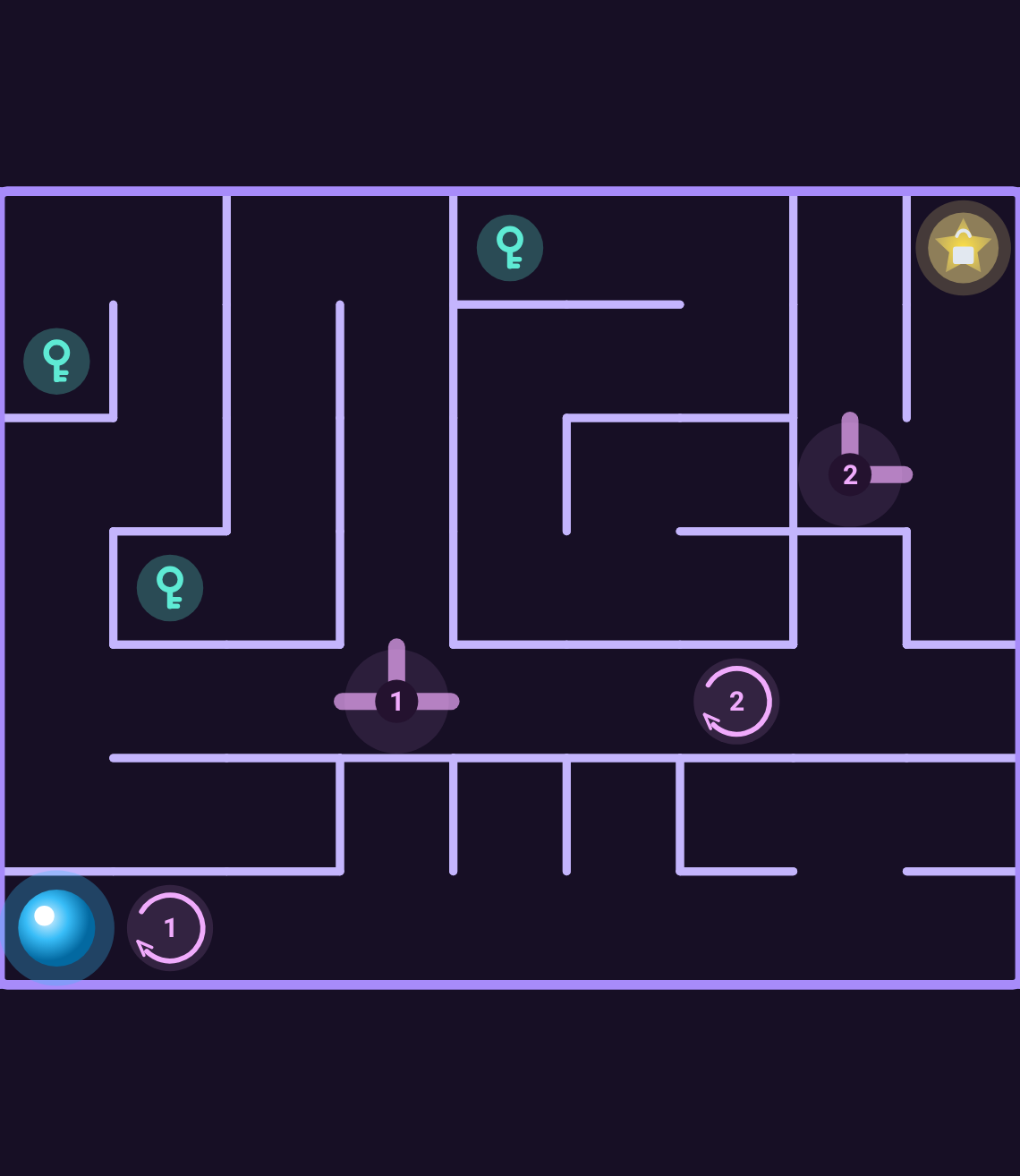 Maze Quest maze with violet passages and rotating junctions that open new routes.